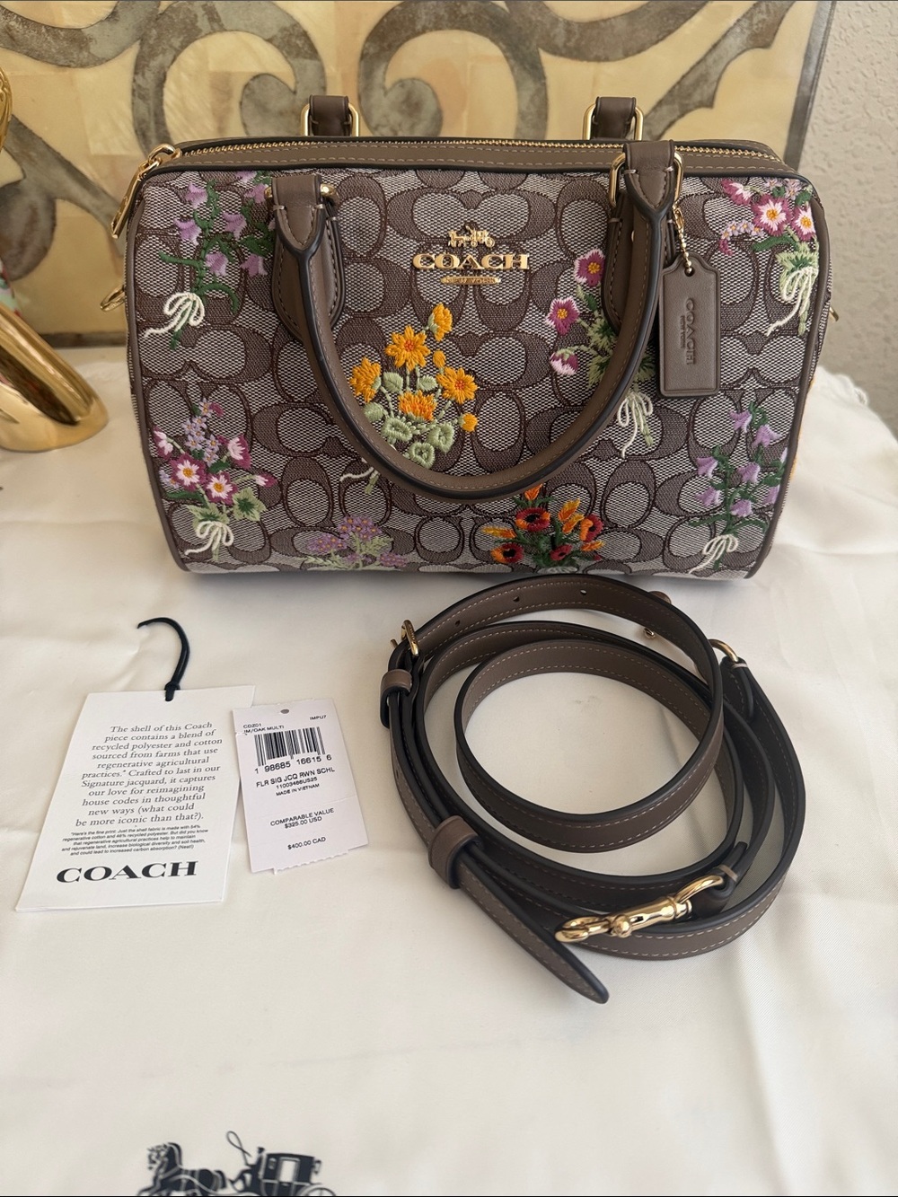 NWOT Coach Outlet Rowan Satchel Bag In Signature Jacquard With Floral Embroidery